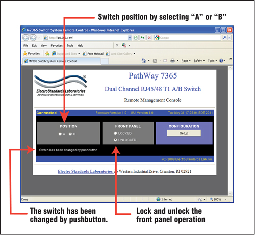 PathWay Model 7365 Software GUI allows the user to switch positions.